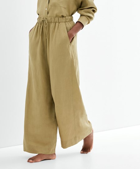 Oysho 100% Linen Brede Rett-leg Trousers Khaki | IGBP10826