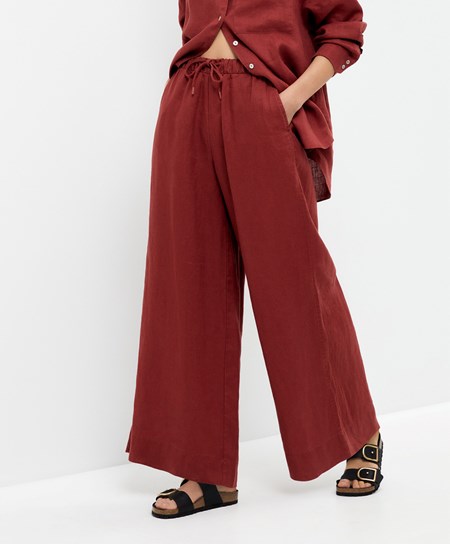 Oysho 100% Linen Brede Rett-leg Trousers Brune | NUWH68753