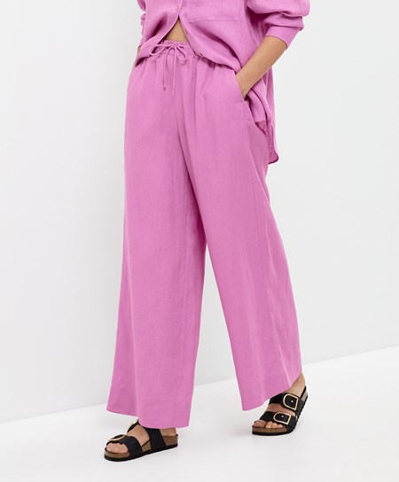 Oysho 100% Linen Brede Rett-leg Trousers Rosa | SHPX21507