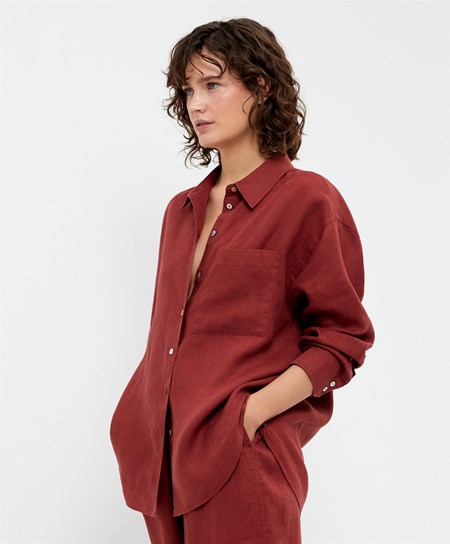 Oysho 100% Linen Long-sleeved Shirt Brune | TOZK79653