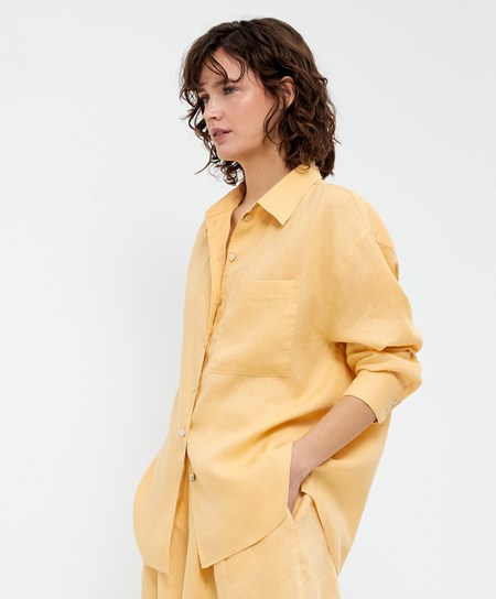 Oysho 100% Linen Long-sleeved Shirt Gul | KWHX03459