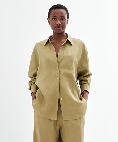 Oysho 100% Linen Long-sleeved Shirt Khaki | IMER16852