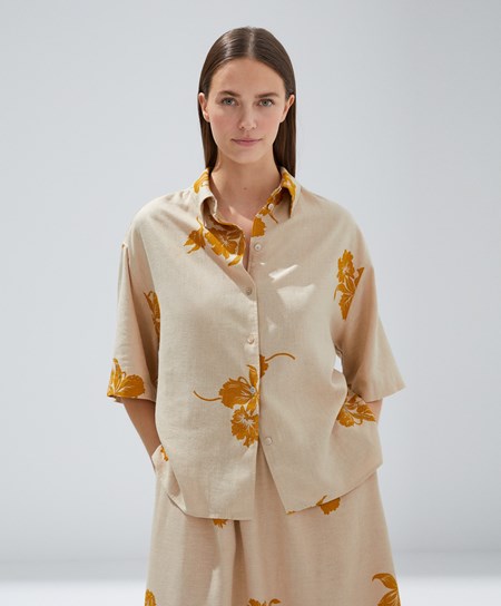 Oysho Bead Embroidery Kort-sleeved Linen Shirt Sand | BUTM69730