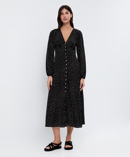 Oysho Dotted Long-sleeved Long Kjoler Svarte | BOPD74089