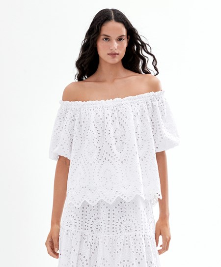 Oysho Embroidered 100% Bomull Off-shoulder Top Hvite | YOCN09678