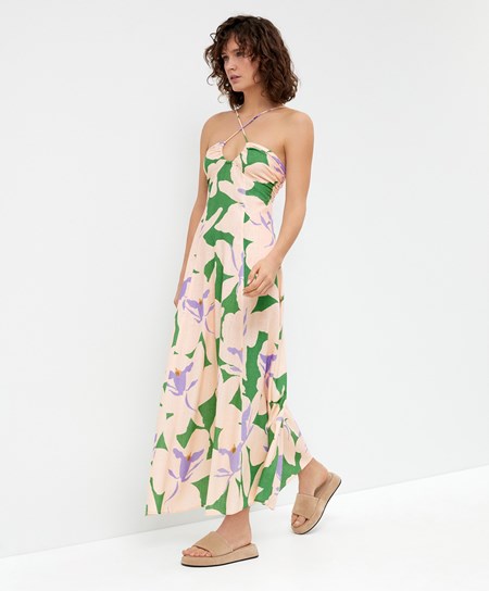 Oysho Floral Linen Strappy Long Kjoler Grønn | HIAC70958