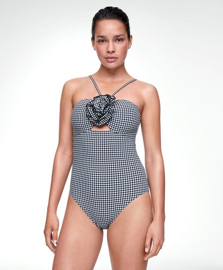 Oysho Gingham Cut-out Swimsuit Svarte | ZSQU54826