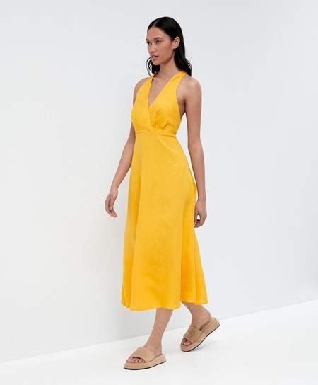 Oysho Knot Back Linen Halterneck Kjoler Mid-yellow | ASMW06539