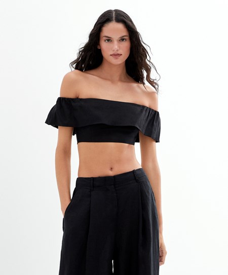 Oysho Linen Off-shoulder Top Svarte | BYJK03286