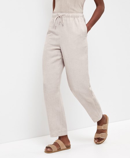 Oysho Linen Relaxed Fit Trousers Sand Melange | UTEO76302