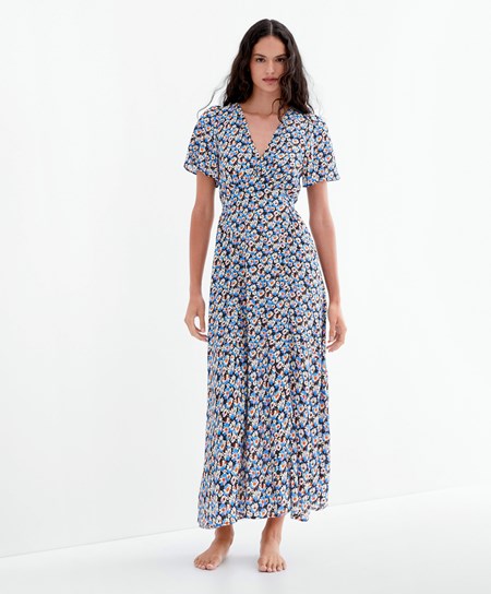 Oysho Long Floral Kjoler Blå | QXES93167