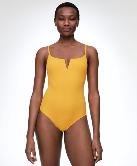 Oysho Piqué V-neck Swimsuit Mid-yellow | YJCM92178