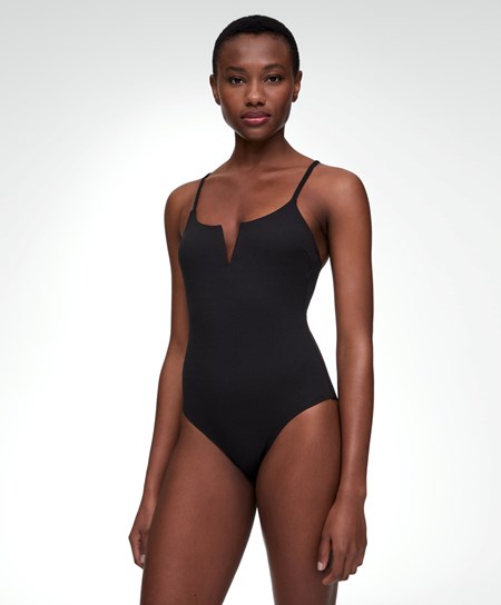 Oysho Piqué V-neck Swimsuit Svarte | CFBE85964