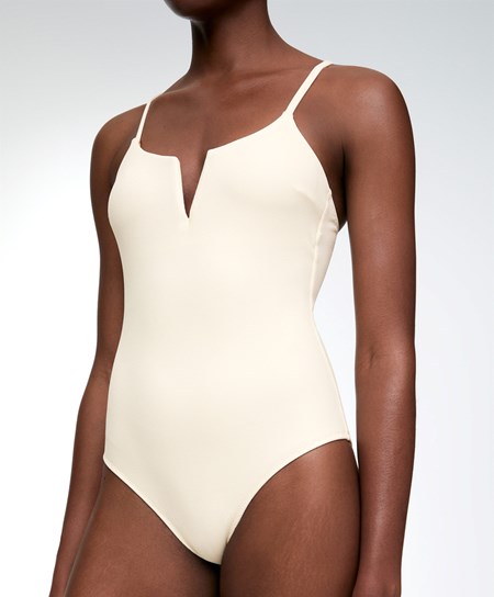 Oysho Piqué V-neck Swimsuit Vanilla | VUAL74039