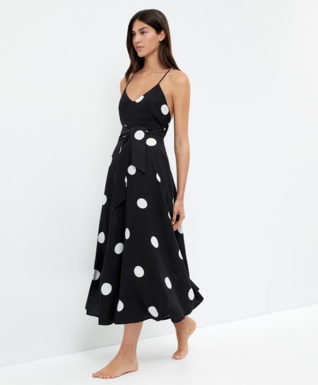 Oysho Polka Dot Strappy Midi Kjoler Svarte | CYJT71482