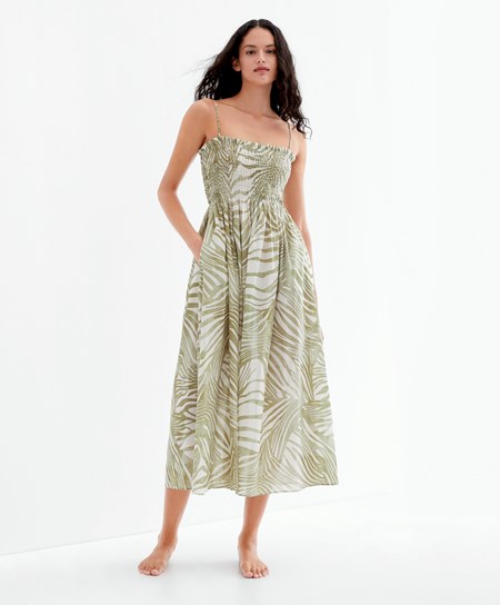 Oysho Printed 100% Bomull Strappy Midi Kjoler Khaki | RZAH40295