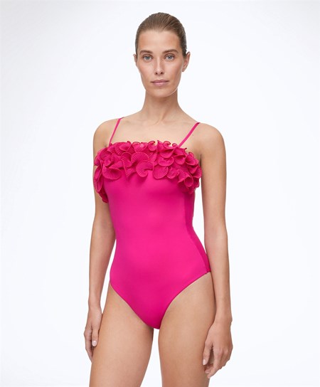 Oysho Ruffled Bandeau Swimsuit Fuchsia | UZVC83150