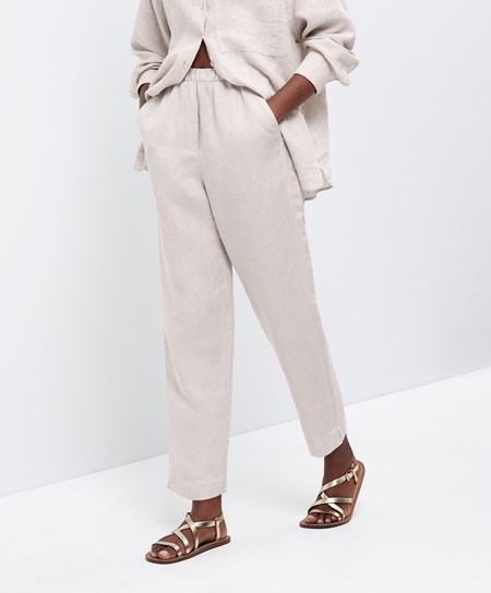 Oysho Slim Fit Linen Trousers Sand Melange | YNEL09413