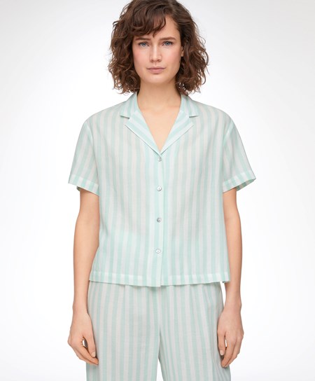 Oysho Stripe 100% Bomull Kort-sleeved Shirt Grønn | EDAP75392