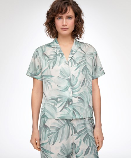 Oysho Tropical Leaf Satin Kort-sleeved Shirt Grønn | VPCY92406