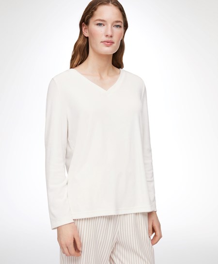 Oysho Velour Long-sleeved T-shirt Pale Ecru | HRXC37285